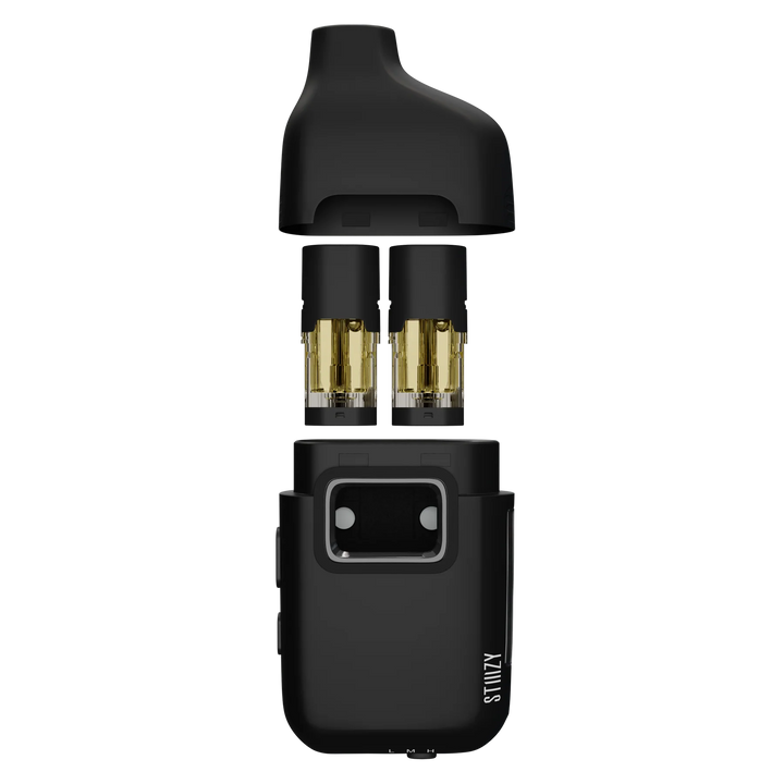 Stiiizy Bar Battery shown open with two STIIIZY 1g pods loaded to illustrate the dual-pod chamber design — pods pictured are sold separately and not included with the battery
