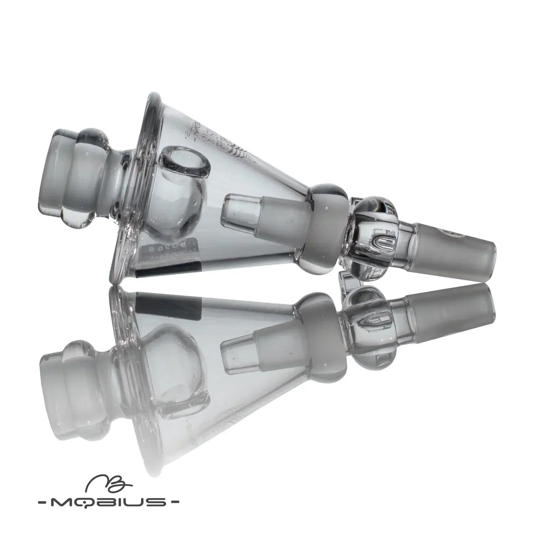 Side view of Mobius Snap Trap (Female Fitting) showing frosted fittings and reflective glass surface for premium smoking accessory appeal.