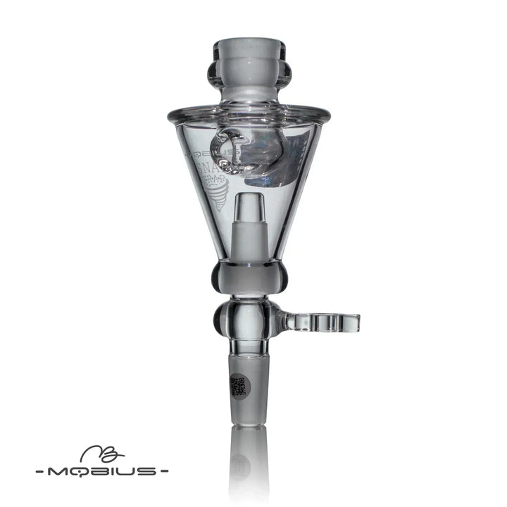 Mobius Snap Trap (Female Fitting) upright view highlighting its conical shape and precision glasswork for home smoking setups.