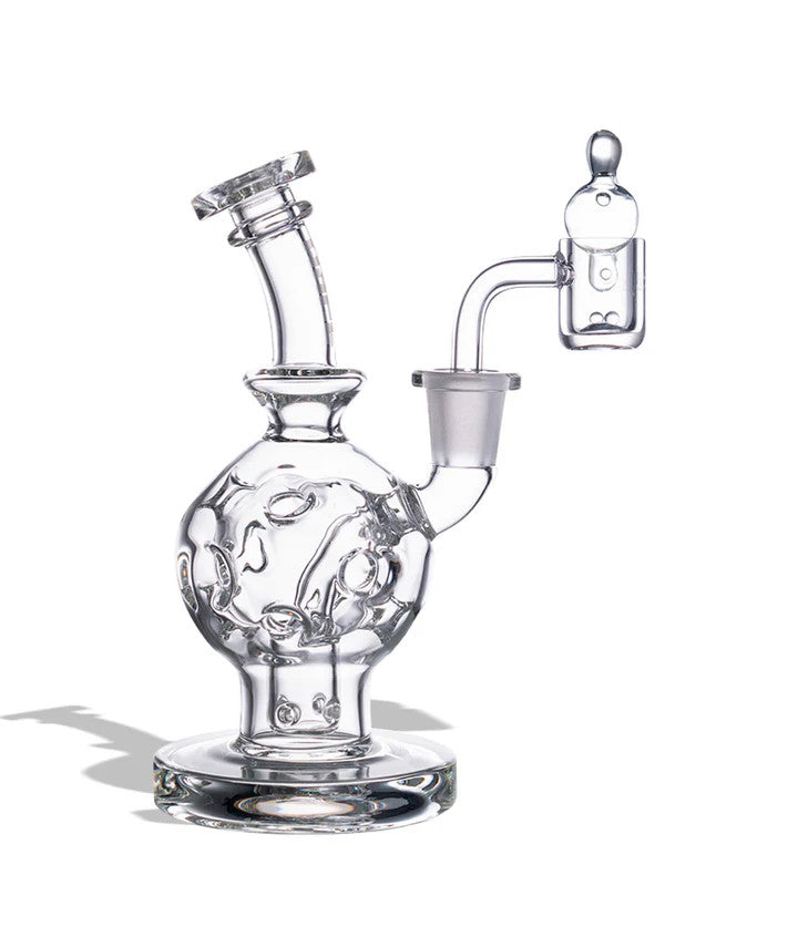 Wulf Mods Atom 14mm Dab Rig in Clear borosilicate glass, front view showing spherical base, angled neck, 14mm quartz banger, and integrated carb cap holder.