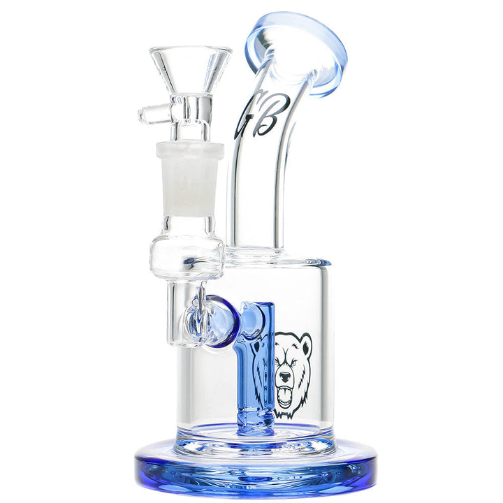 Green Bear Glass - Mini Fixed Ripper water pipe with blue accents, 14mm female joint, bent neck, and reinforced 8 slit downstem.
