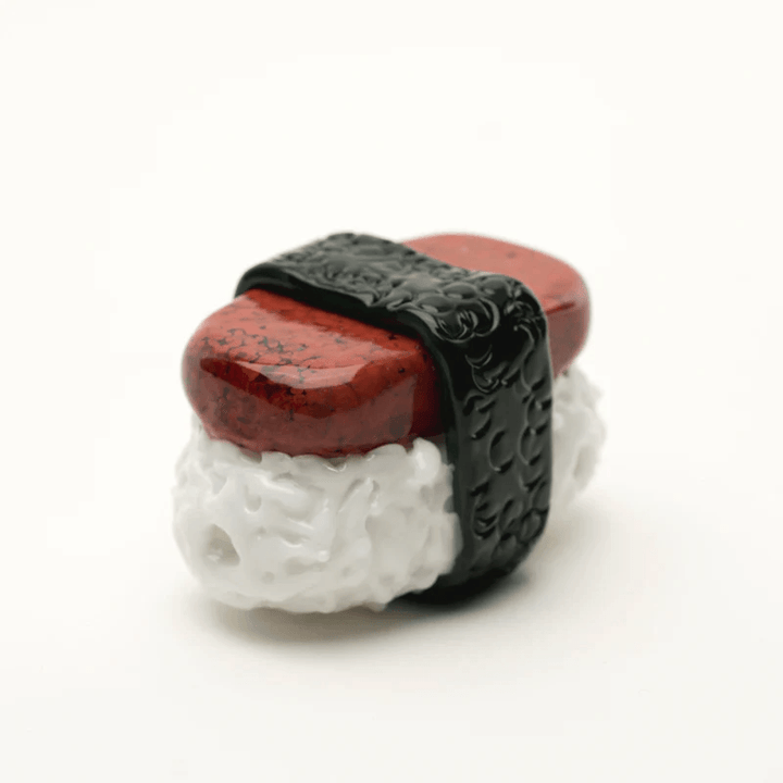 Empire Glassworks - Spam Musubi Pipe shaped like sushi with realistic rice, spam, and seaweed details. Handcrafted borosilicate glass pipe with carb and push bowl.