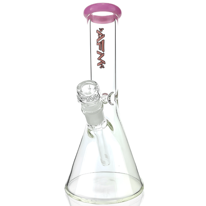 AFM- 10" Color Lip Beaker water pipe with pink colored lip, 18mm female joint, and 14mm male bowl. Features 3 ice pinches and AFM logo.