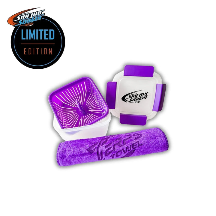 Limited Edition purple Terps Slurper Soaker with matching towel and basket insert, perfect for cleaning dab tools and quartz accessories.