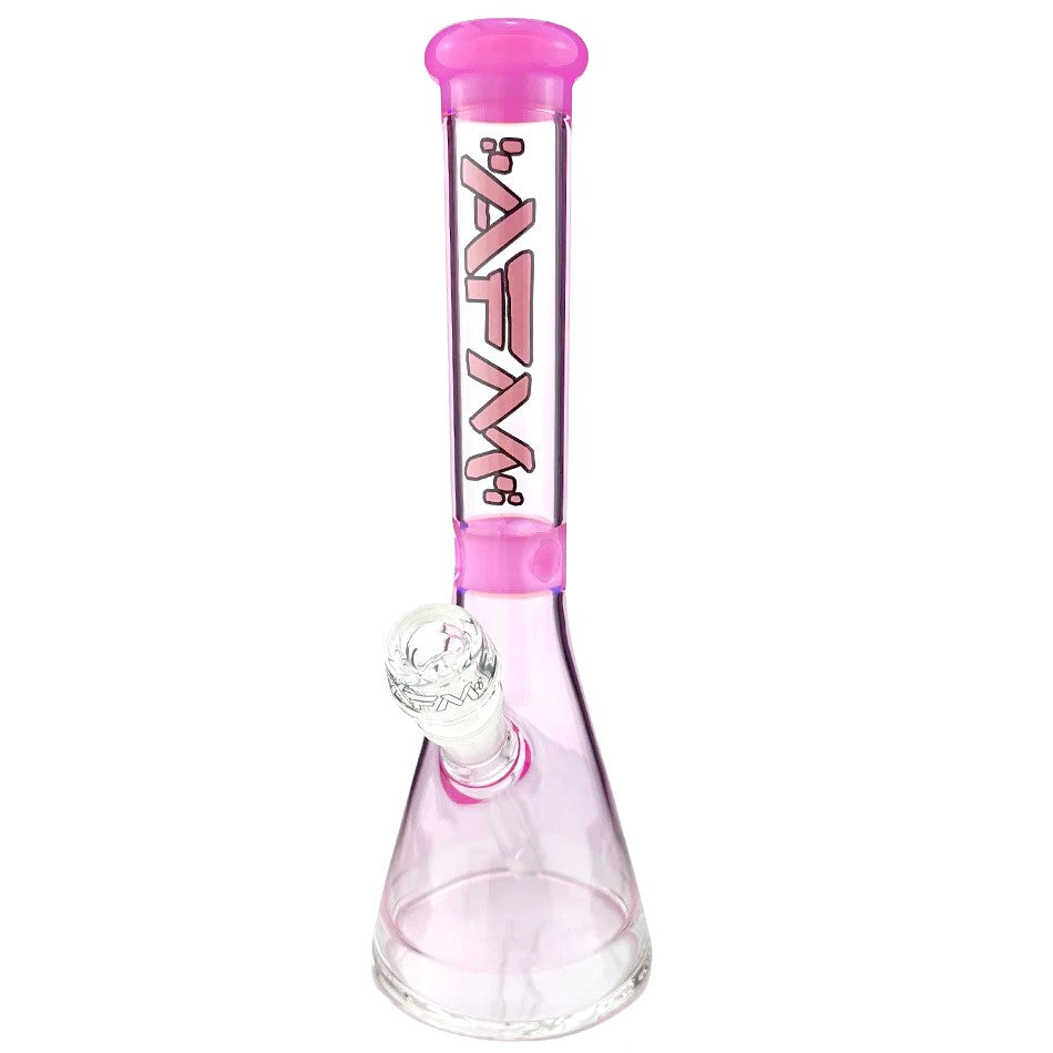 AFM - 12" Two Tone Beaker water pipe in pink featuring 5mm thick glass, removable downstem, and bold AFM logo on 38mm body.