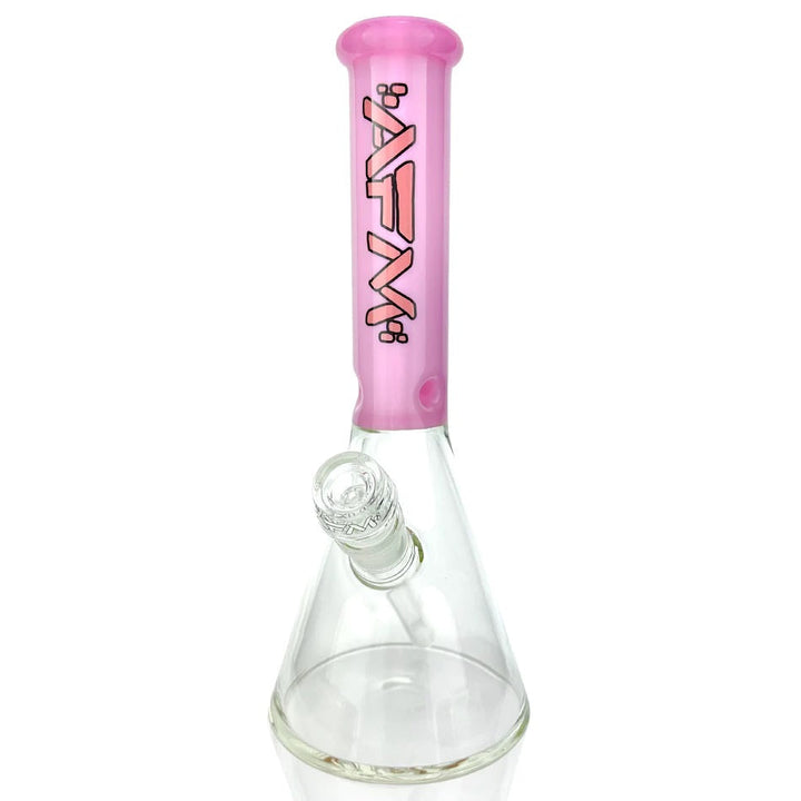 AFM - 12" Color Neck Beaker water pipe with pink colored neck, 5mm thick glass, removable downstem, and 12-inch height. Includes AFM branding.