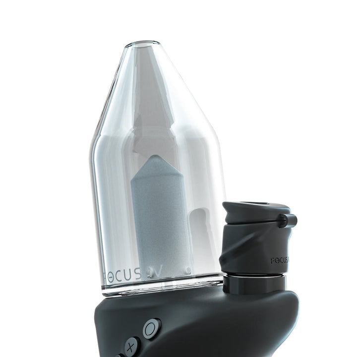 Focus V Carta 2 glass attachment installed on device, showcasing seamless fit and premium glass build for smooth vapor delivery and easy replacement.