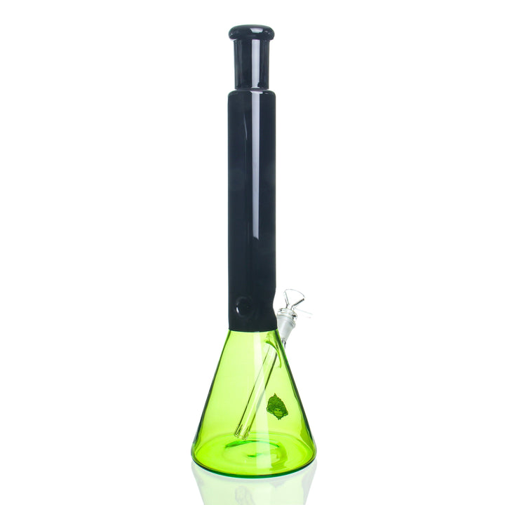 AFM Glass 18in Black Two Tone Beaker Green — black and green two-tone beaker bong shown from alternate angle