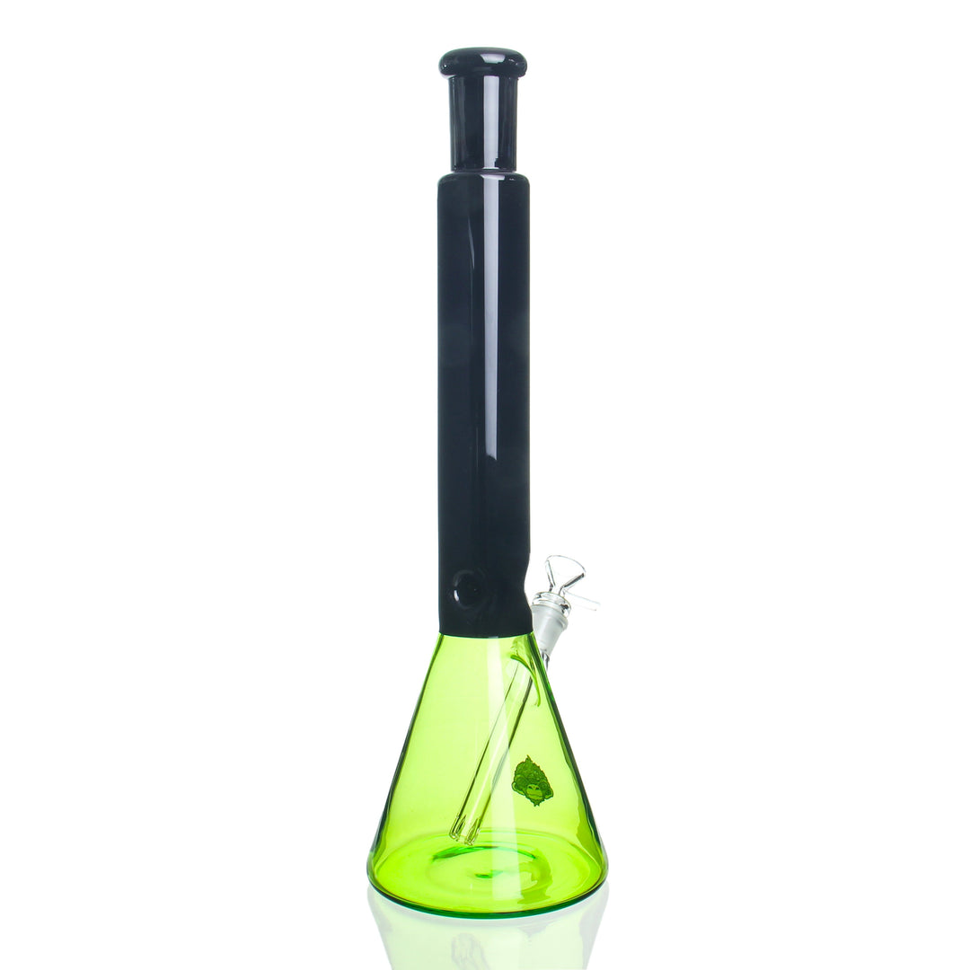 AFM Glass 18in Black Two Tone Beaker Green — black and green two-tone beaker bong shown from alternate angle