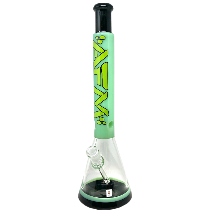 AFM 18-inch beaker bong — slyme green and black two-tone glass water pipe with wide stable base