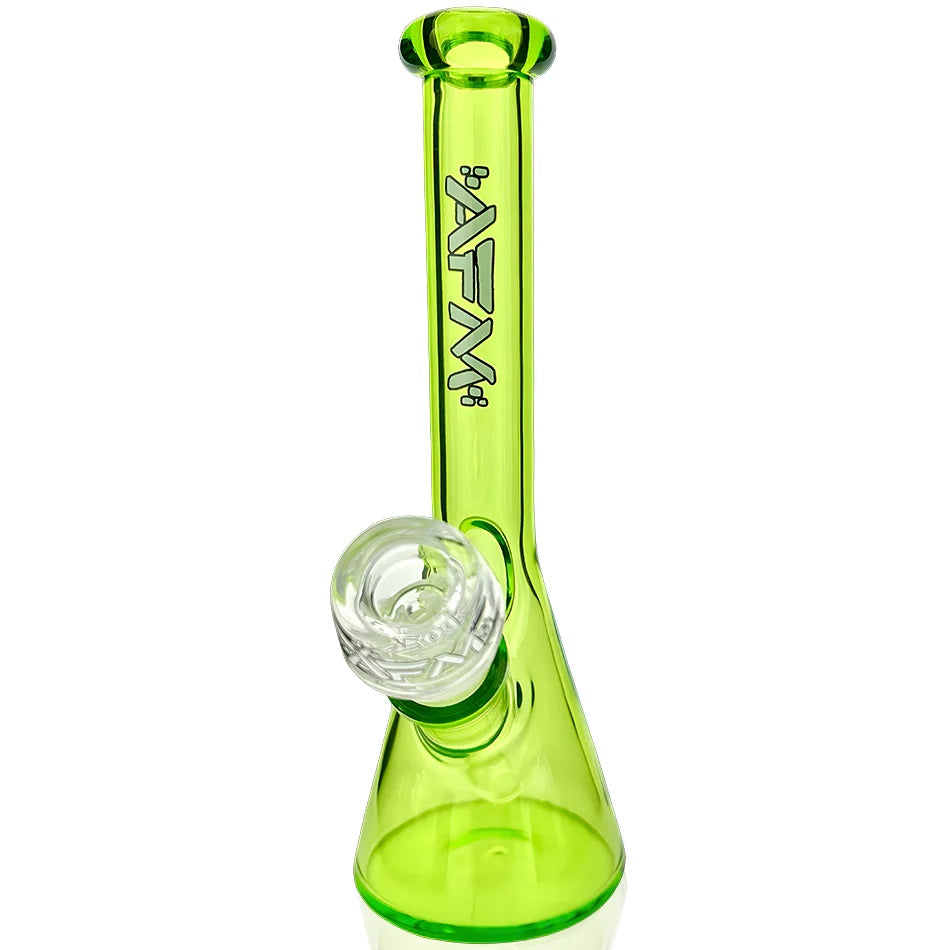 AFM - 8" Nano Beaker water pipe in neon green glass featuring 18mm female joint, removable downstem, and sleek beaker base design.