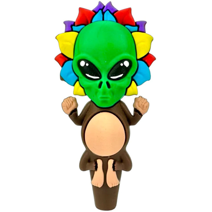 AFM Silicone Pipe - Alien Flower Monkey with vibrant green alien face and colorful flower petals, durable novelty smoking pipe design.