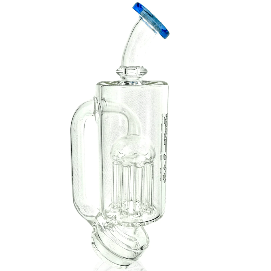 AFM Puffco Peak & Peak Pro Recycler Attachment in Blue featuring a clear glass body with intricate percolator and blue-accented mouthpiece. Ideal water pipe accessory for enhanced vapor filtration and smooth hits.