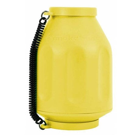 Smoke Buddy Original Air Filter – Yellow reusable personal air purifier with detachable caps and coiled strap.