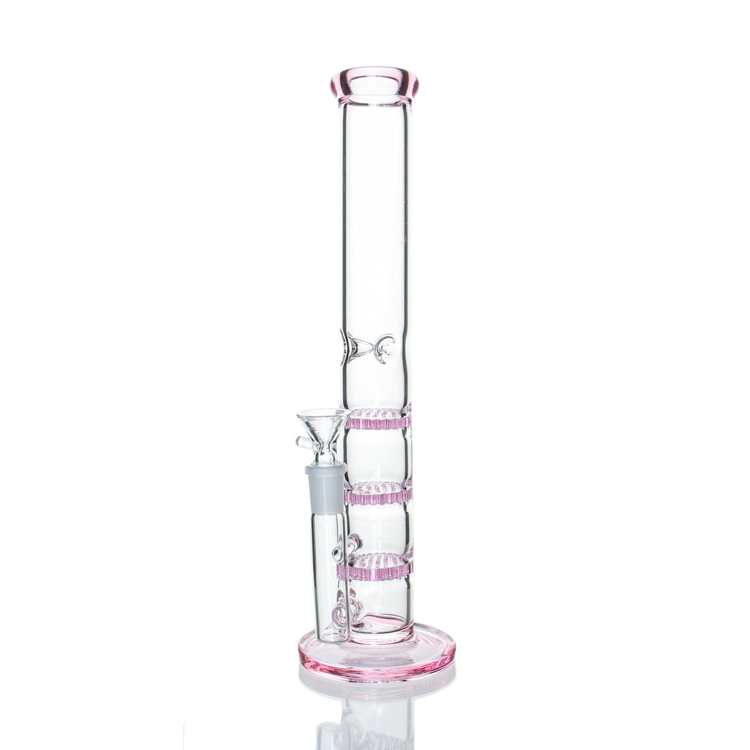 12" Straight Triple Honeycomb in Pink — straight tube water pipe with three stacked honeycomb disc percs, 14mm female joint, 3 ice pinches