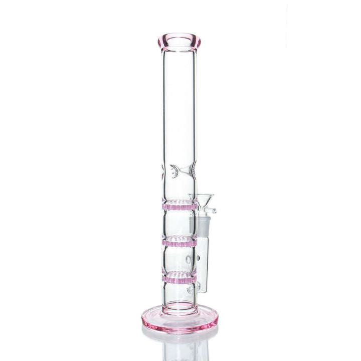 12" Straight Triple Honeycomb in Pink — side angle view showing the three stacked honeycomb percs through the tube
