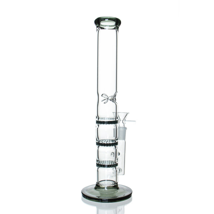 12" Straight Triple Honeycomb in Smoke — side angle view showing the three stacked honeycomb percs through the tube