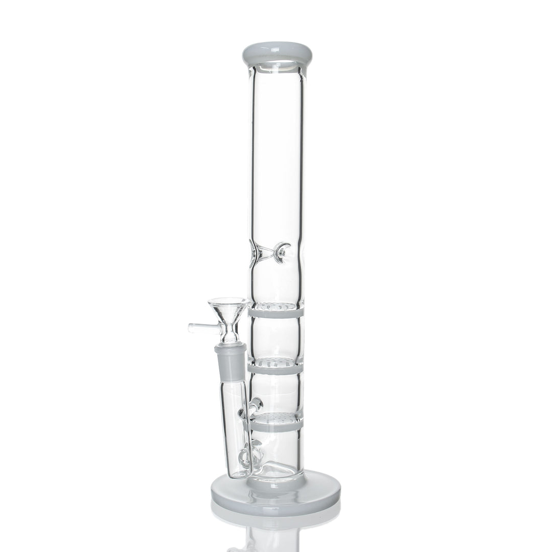 12" Straight Triple Honeycomb in White — straight tube water pipe with three stacked honeycomb disc percs, 14mm female joint, 3 ice pinches
