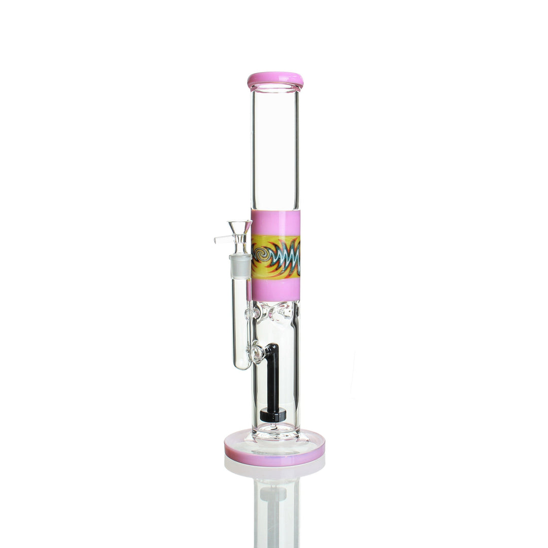 15" straight stemless tube bong — milky pink hand-worked wig wag section, front view