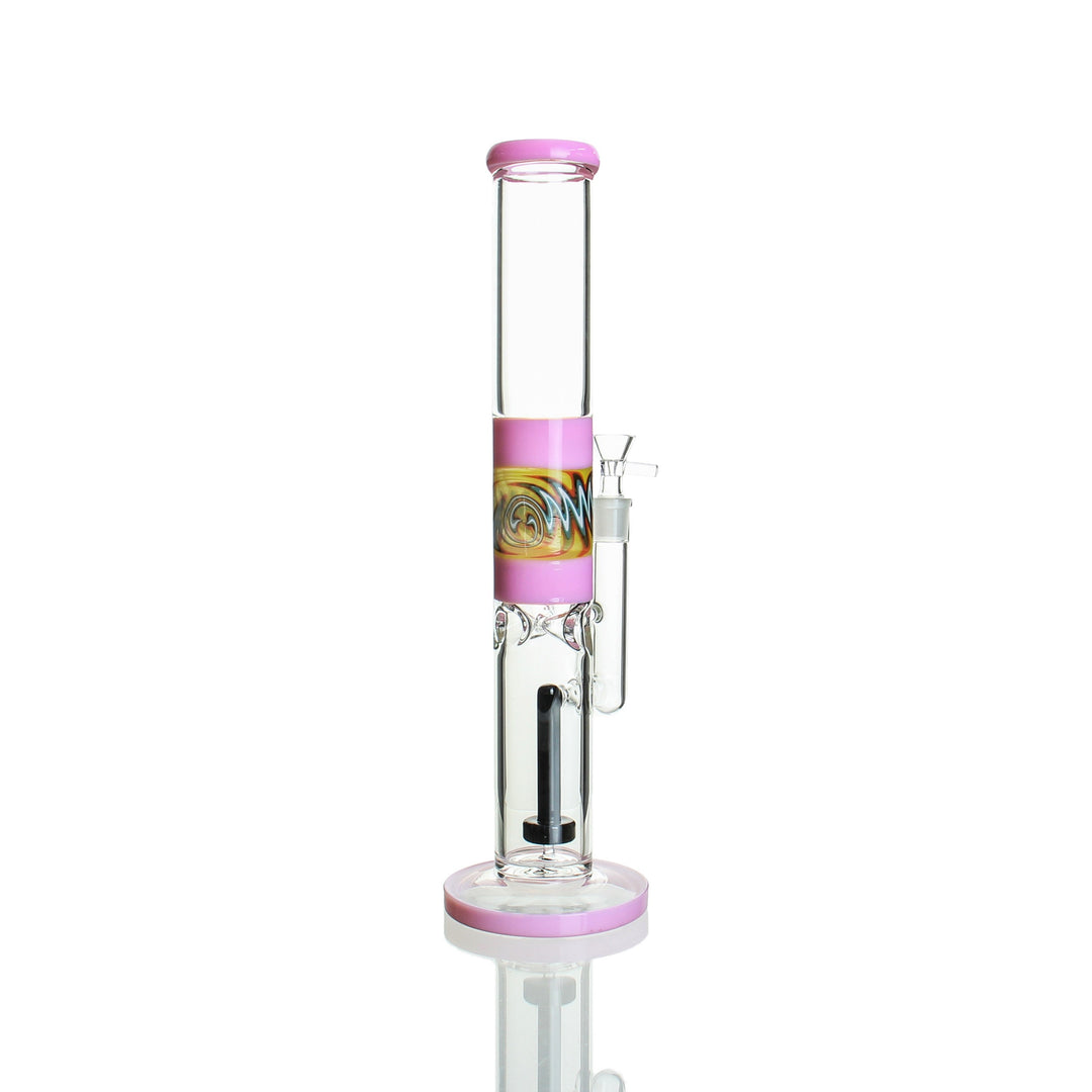 15" straight stemless tube bong — milky pink wig wag detail, ice pinches and showerhead downstem