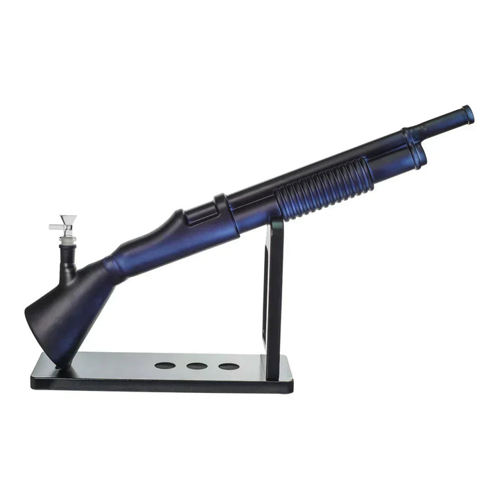 27" Shotgun Water Pipe in matte black with a realistic gun-shaped design and mounted stand, ideal for powerful, smooth smoke sessions.