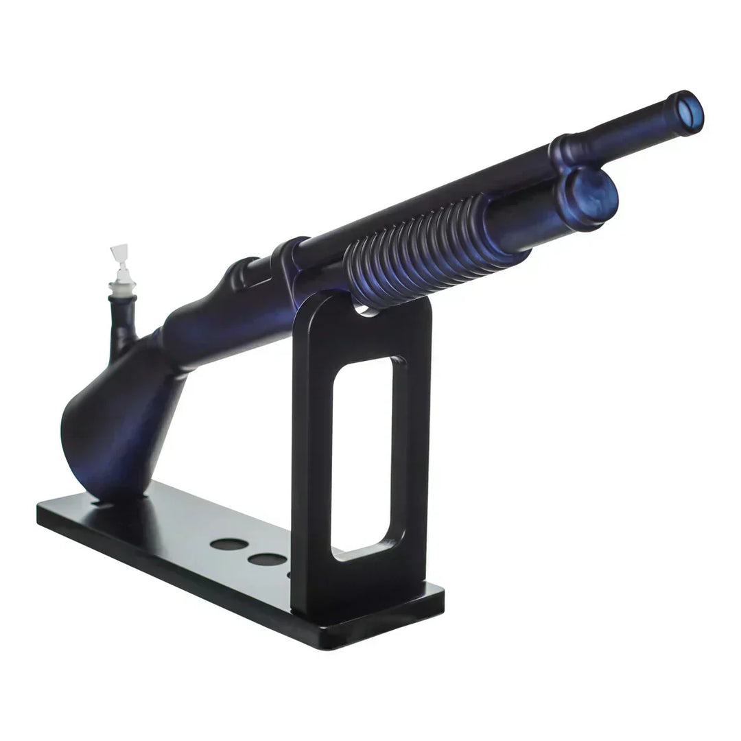 Side angle of the 27" Shotgun Water Pipe featuring a sleek black finish and durable stand, combining bold aesthetics with high functionality.