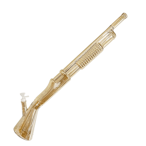 Transparent amber version of the 27" Shotgun Water Pipe showcasing its detailed glasswork and bold firearm-inspired silhouette for standout sessions.