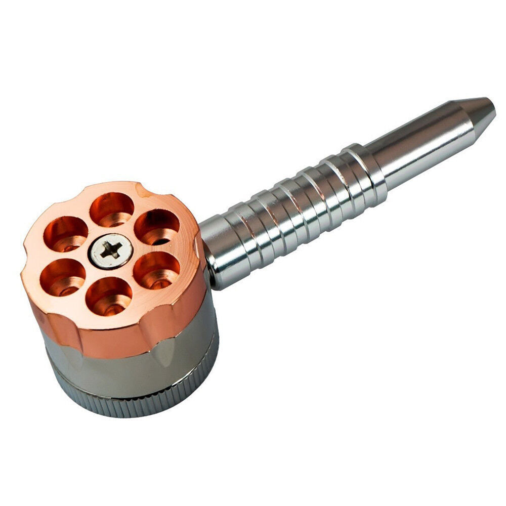 Angies Boutique 6 Shooter Revolver Pipe with Grinder — novelty revolver-style metal pipe with built-in grinder, hero shot