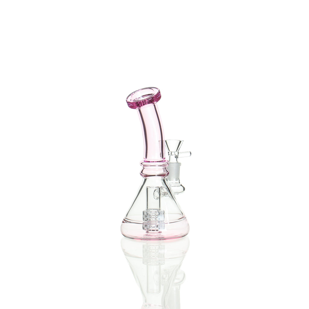7" Beaker with matrix perc — pink glass bong, detail view