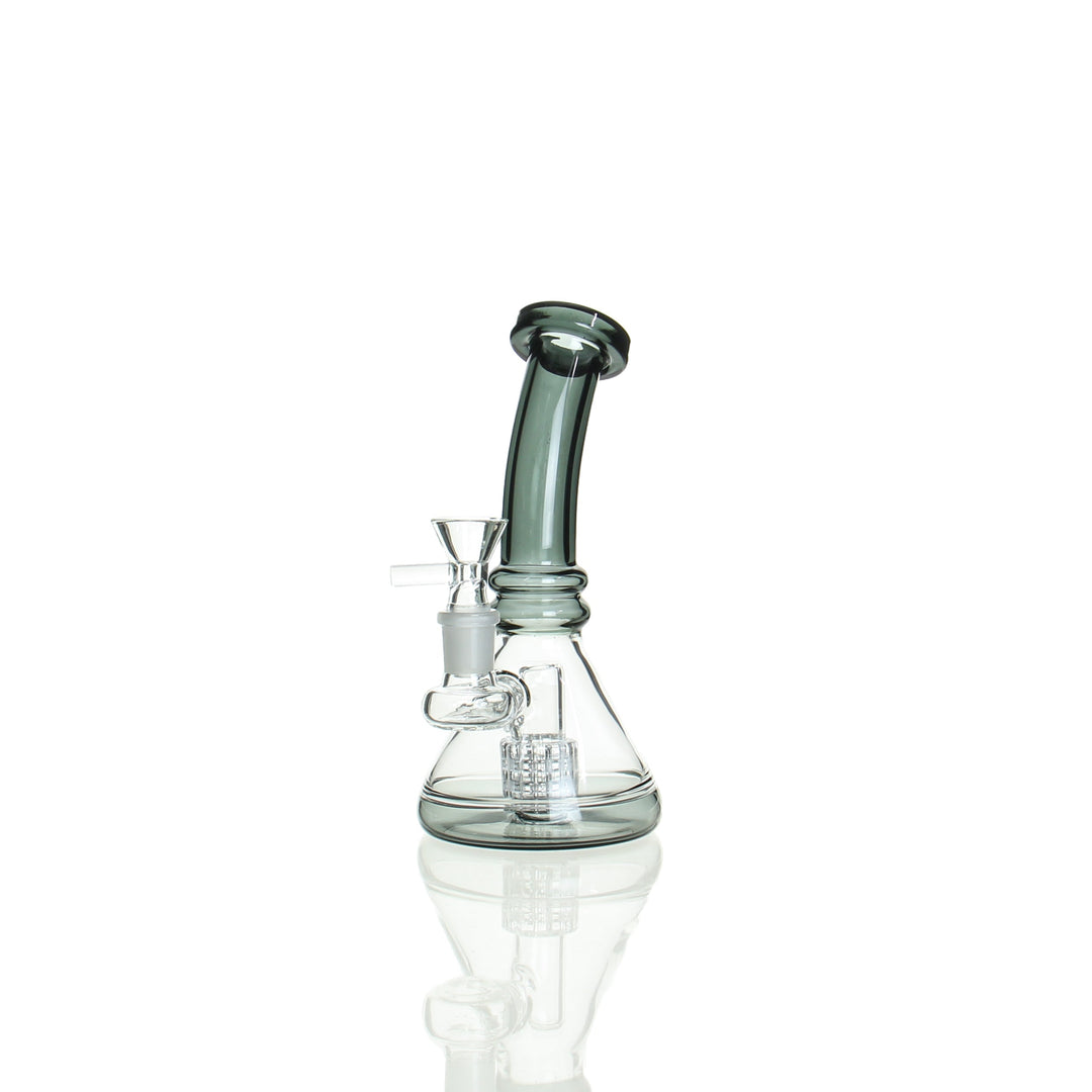 7" Beaker with matrix perc — smoke gray borosilicate glass water pipe, front view