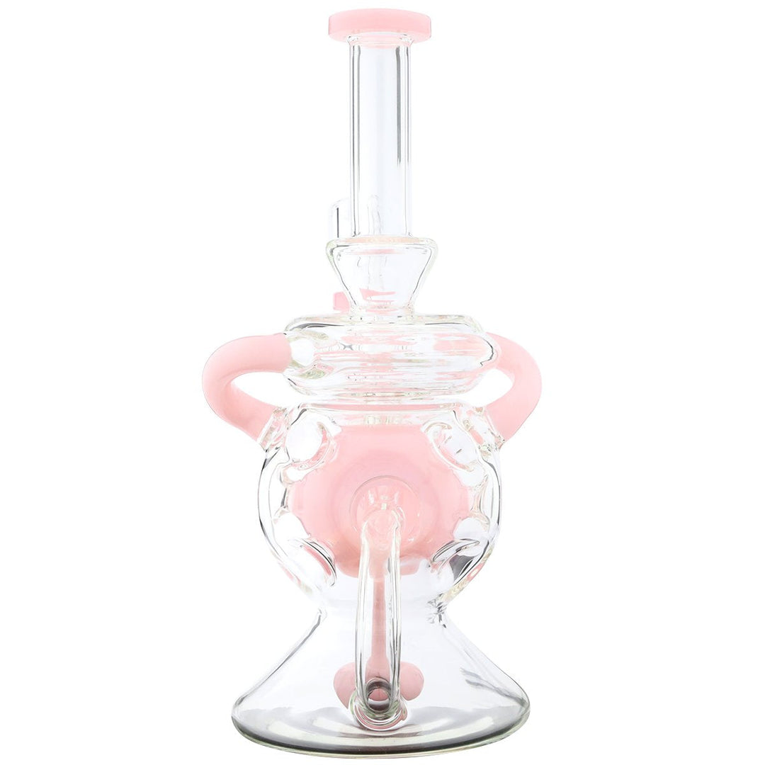 9-inch Swiss ball recycler rig — pink accented glass dab rig, side view