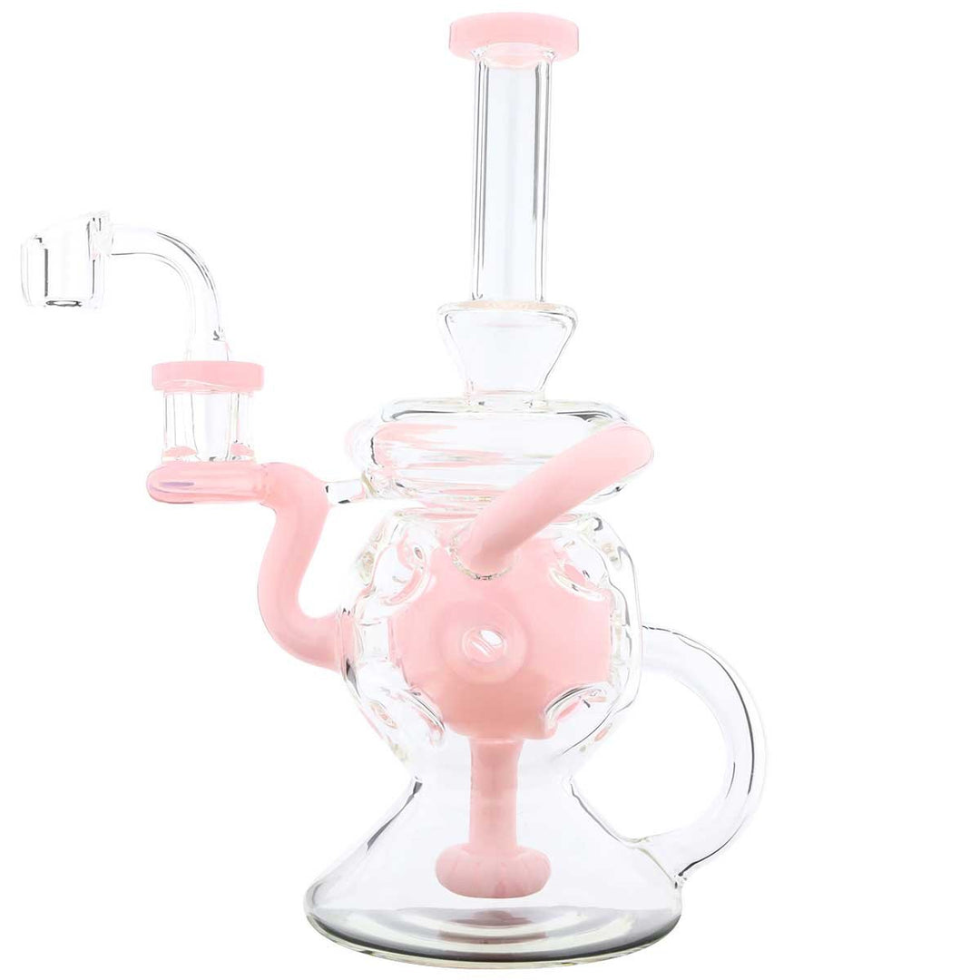 9-inch showerhead ball recycler — pink glass concentrate rig, detail