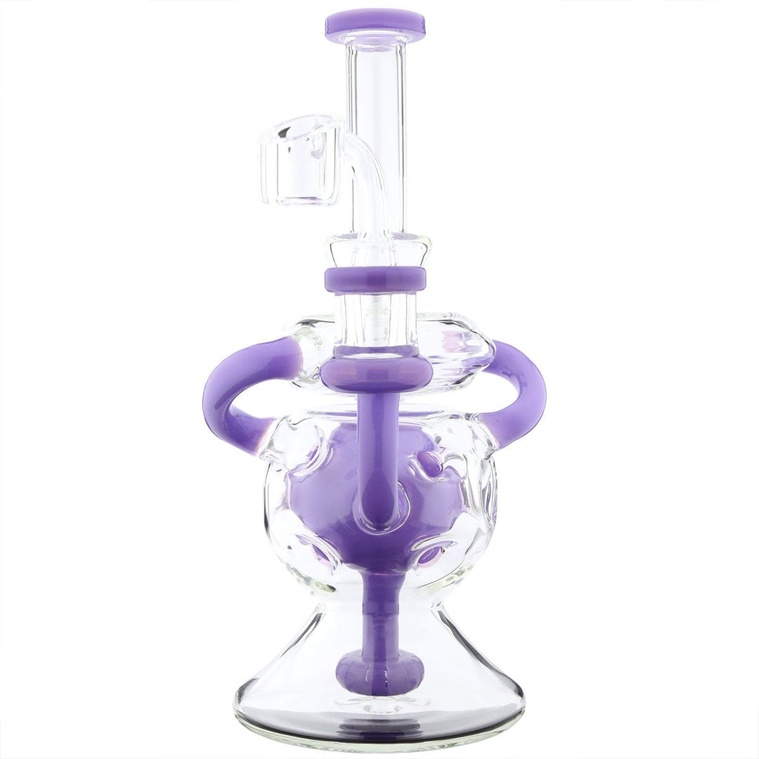 9-inch Swiss ball recycler rig — purple accented glass dab rig, side view