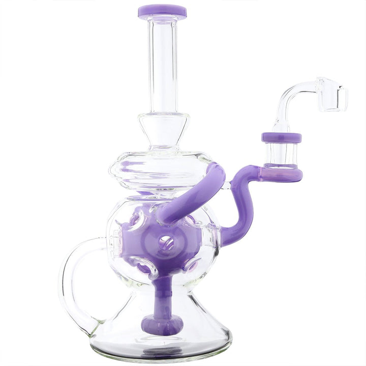 9-inch showerhead ball recycler — purple glass concentrate rig, detail