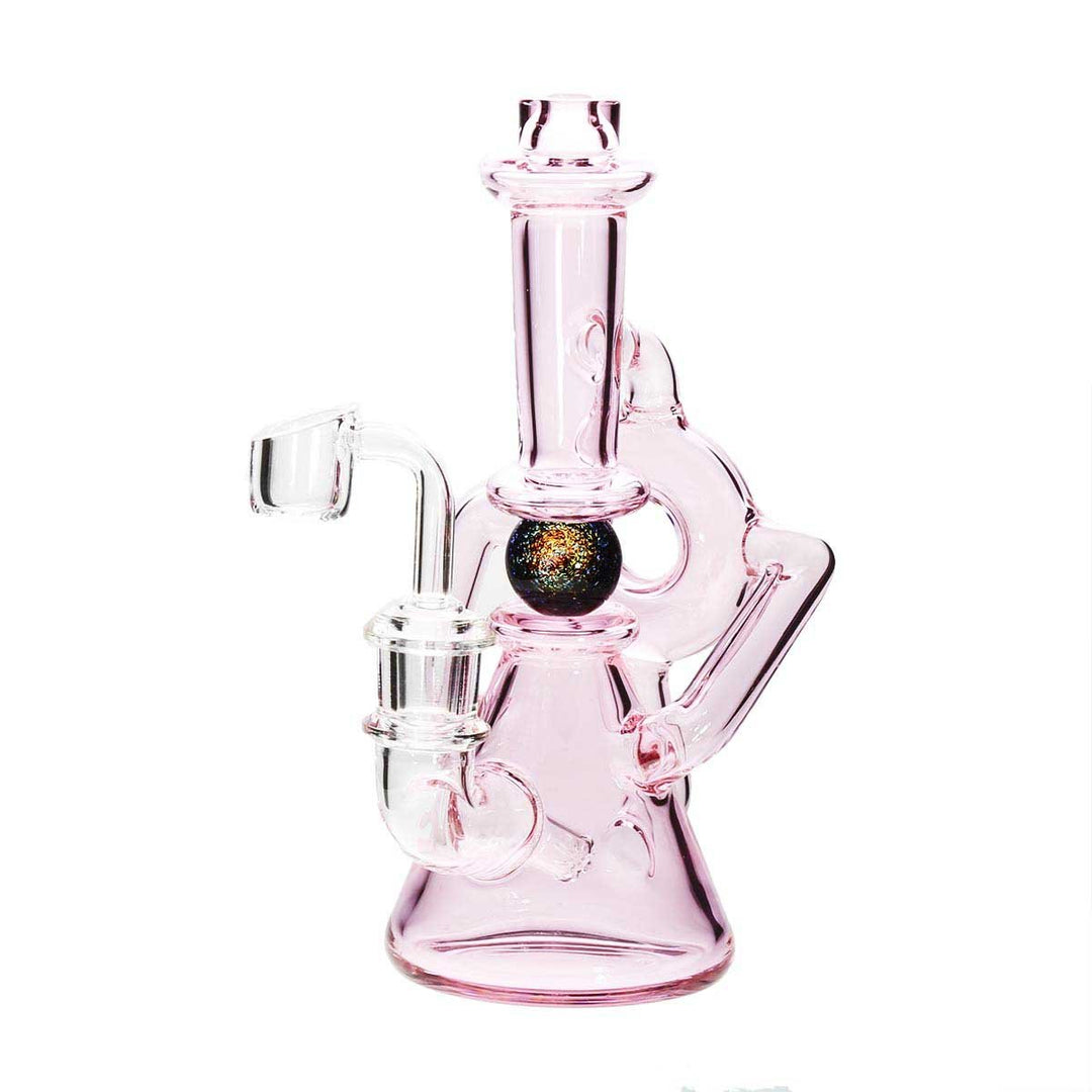 Ball spindle recycler dab rig — pink banger hanger glass concentrate rig with recycling action