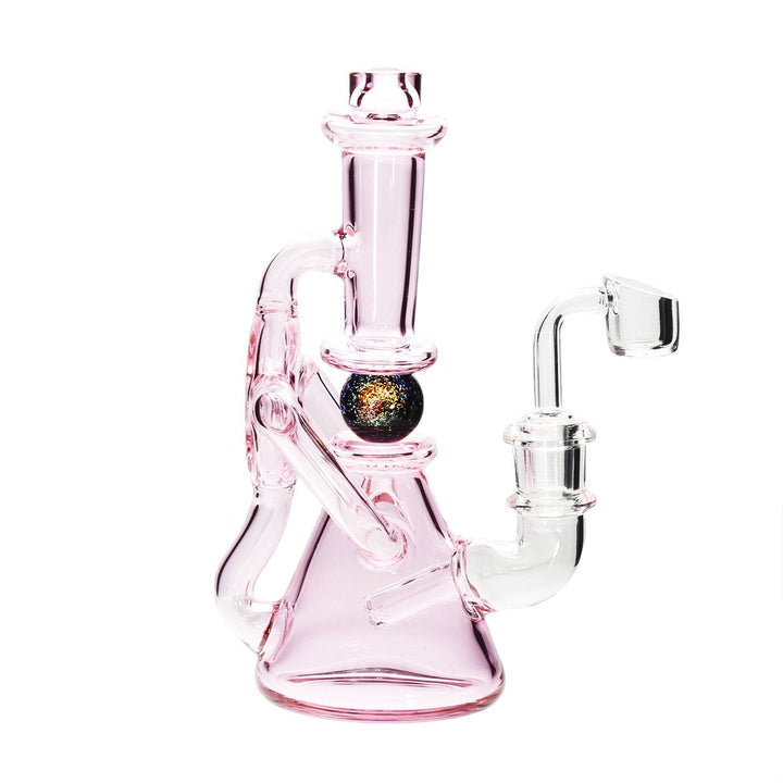 Pink ball spindle recycler — banger hanger glass dab rig, side profile view