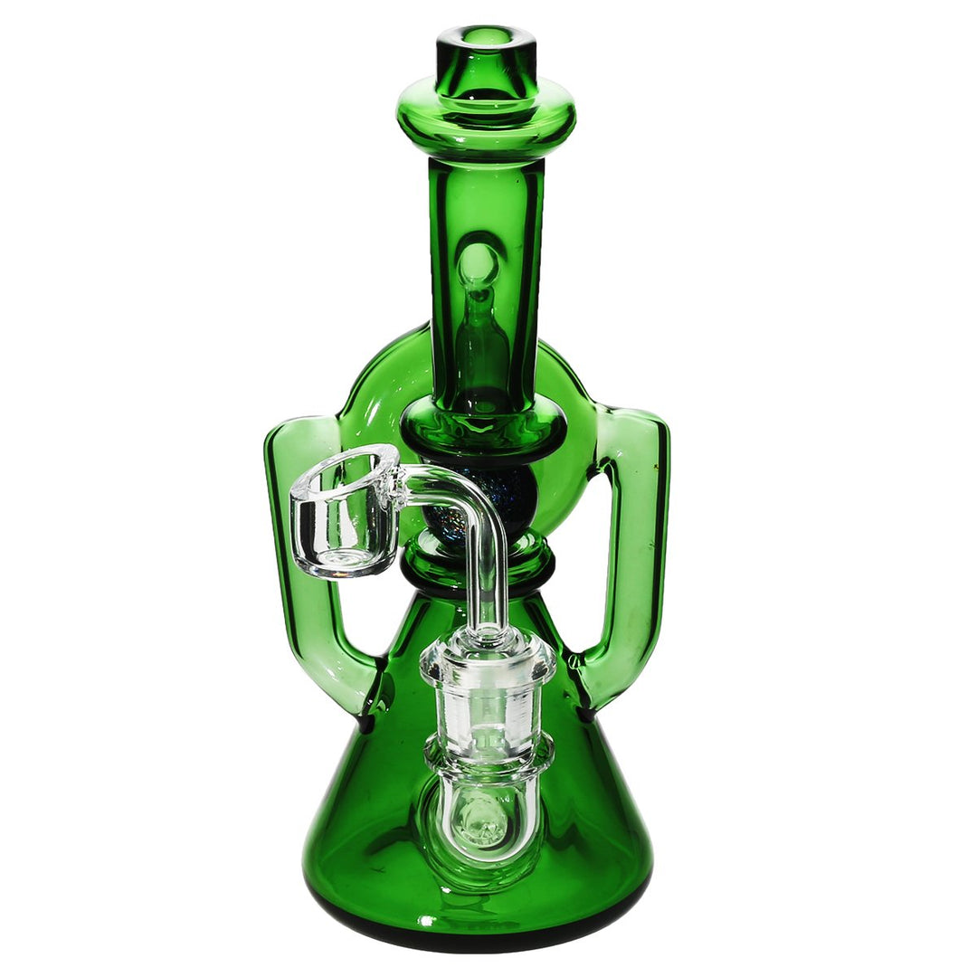 Green ball spindle banger hanger recycler — handmade glass dab rig, angled view
