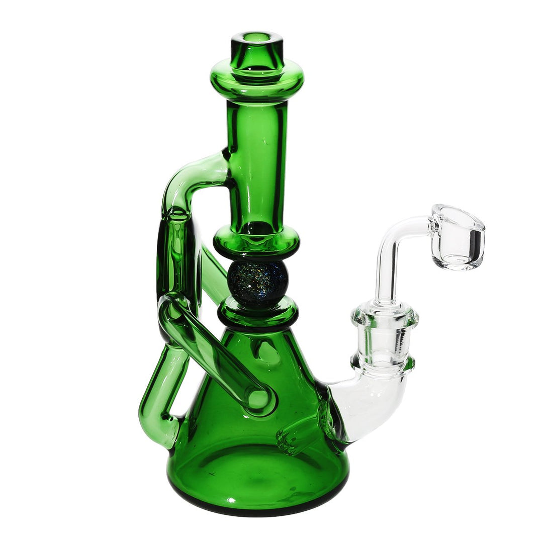 Ball spindle recycler — green glass banger hanger rig, close-up detail