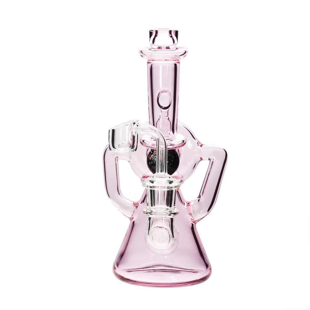 Ball spindle banger hanger recycler — pink glass concentrate rig, detail shot