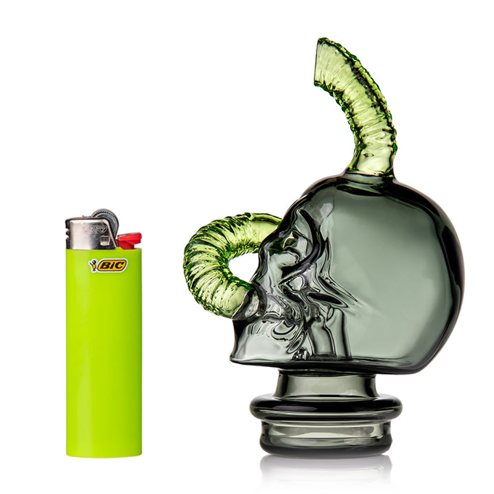 MJ Arsenal Grim Ripper Peak Top next to green lighter for size comparison – Puffco Peak glass accessory