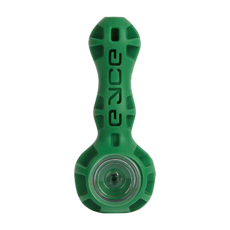 Eyce - Silicone Spoon in solid green, portable and flexible silicone pipe with ergonomic grip and removable glass bowl.