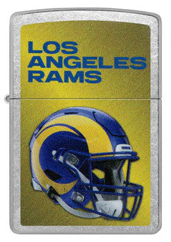 NFL Rams Zippo Lighter featuring Los Angeles Rams logo and helmet on a metallic gold background. Official windproof team gear for Rams fans.