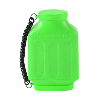 Smoke Buddy Jr. Portable Air Filter – Lime Green reusable odor filter with black carry strap.