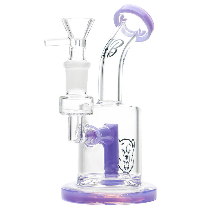 Green Bear Glass - Mini Fixed Ripper water pipe featuring purple accents, flared mouthpiece, and Green Bear logo on clear glass body.