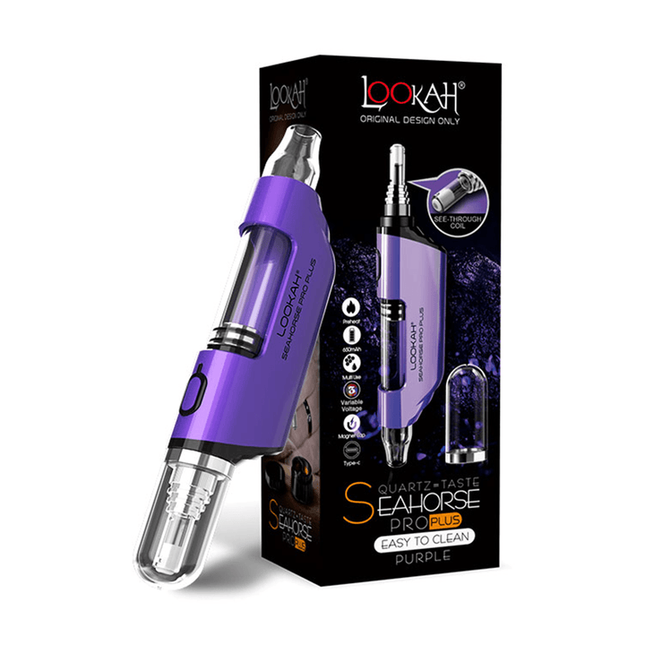 LOOKAH Seahorse Pro Plus Electric Nectar Collector in purple with see-through quartz tip, shown with retail packaging. Ideal for wax concentrate vaping.