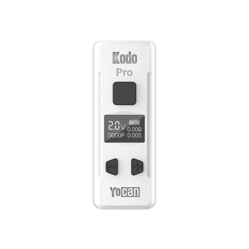 White Yocan Kodo Pro Box Mod vape battery featuring adjustable voltage, OLED display, and USB-C port. 400mAh portable vaporizer device.