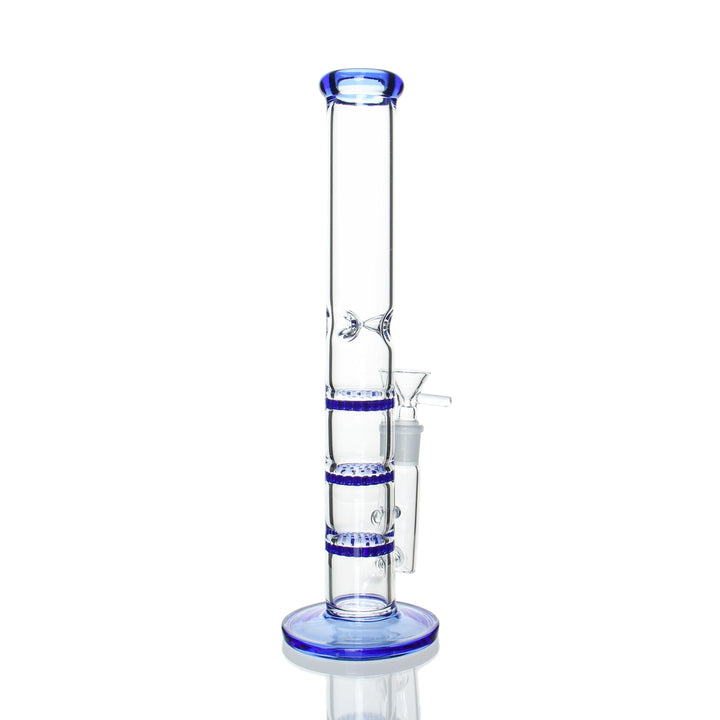 12" Straight Triple Honeycomb in Blue — side angle view showing the three stacked honeycomb percs through the tube