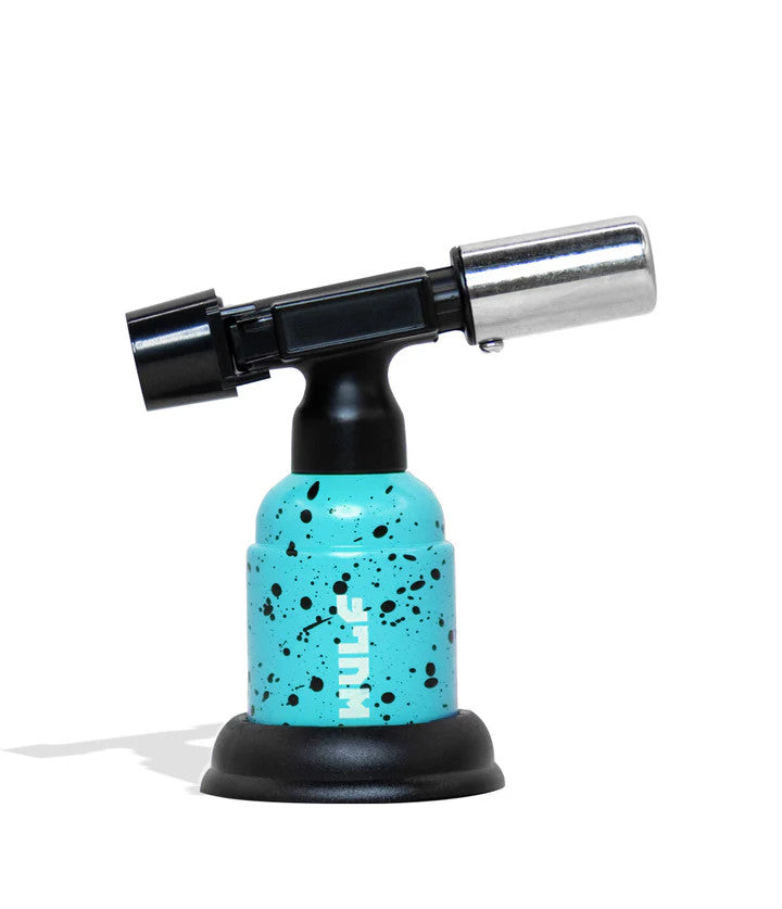 Wulf Mods Blast Torch – Teal body with Black Splatter accents, free-standing butane torch with flame dial.