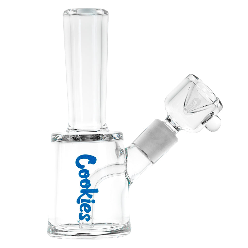Cookies Bayside 415 Mini Bong with 14mm female joint and slit downstem, featuring clear glass and bold blue Cookies logo for compact smoking sessions.