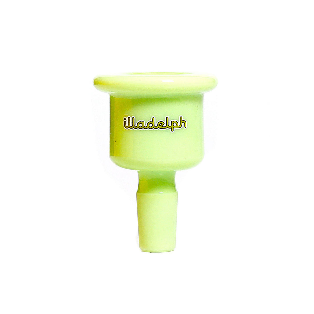 illadelph 14mm multi hole bell slide in milky green shown from the front highlighting the bell shape and 14mm male joint airflow upgrade accessory for premium water pipes
